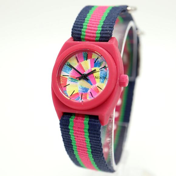 Nixon The Small Time Teller Pink Multicolor 26mm Watch Nylon Strap w New Battery - Picture 1 of 14